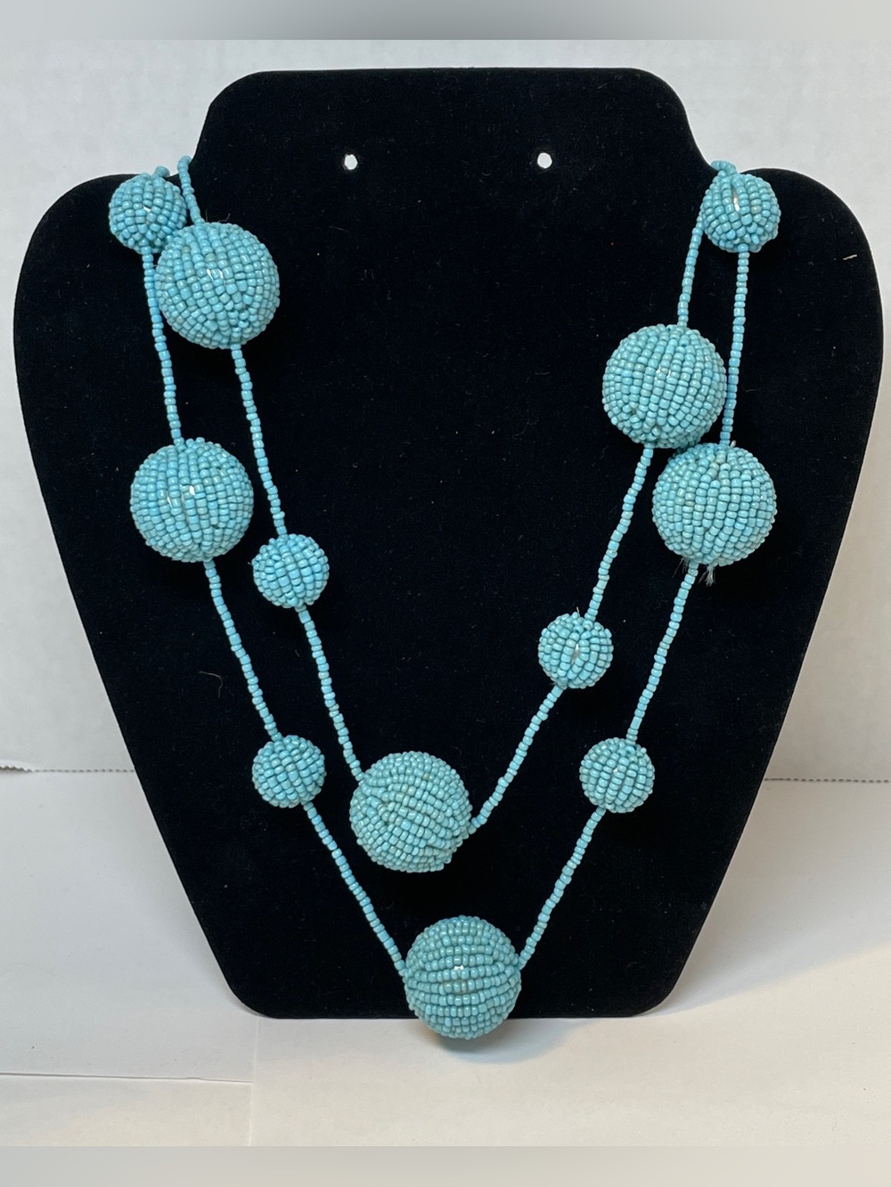 Vintage Handmade Turquoise Seed Bead Multiple Ball Asymmetric Long Necklace 46”